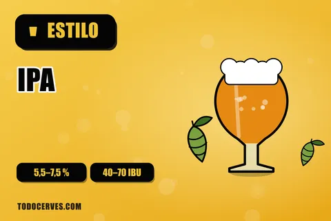 Copa de tulipa con IPA ámbar, espuma abundante y un cono de lúpulo
