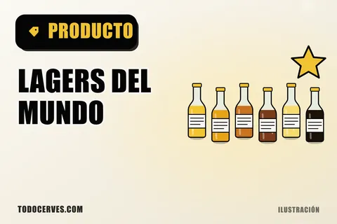 Ilustración de seis botellas de cerveza lager de distintos tonos dorados en fila bajo una estrella