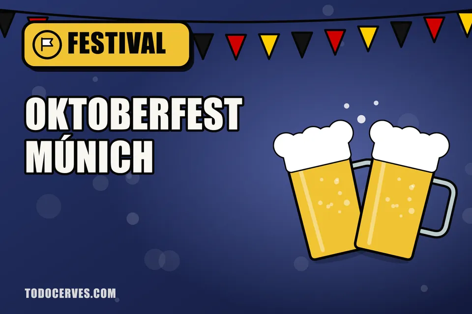 Jarras de cerveza de un litro brindando bajo banderines con los colores de Alemania