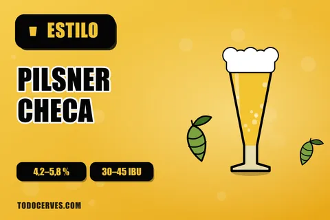 Vaso alto de pilsner checa dorada con espuma blanca sobre fondo ámbar
