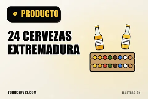Ilustración de una caja de madera con tapones de cerveza de colores y dos botellas