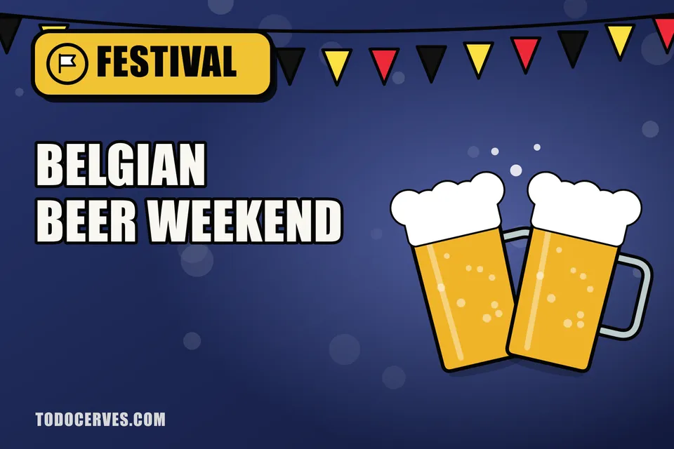 Jarras y copas de cerveza belga brindando bajo banderines con los colores de Bélgica