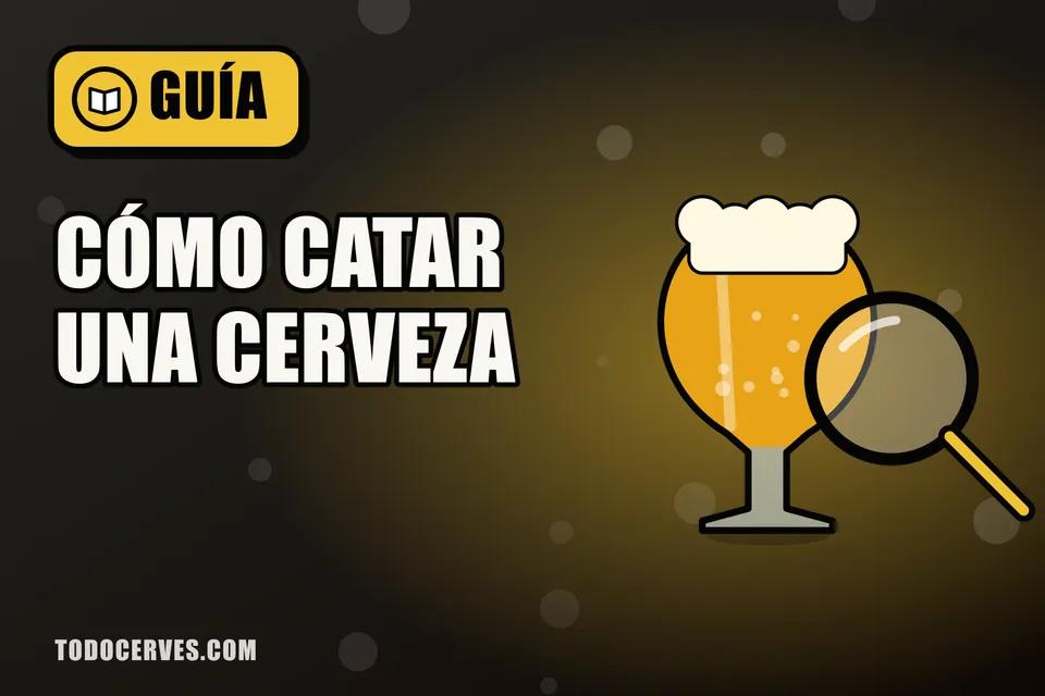 Vaso de cerveza dorada observado con una lupa, ilustración de una cata paso a paso