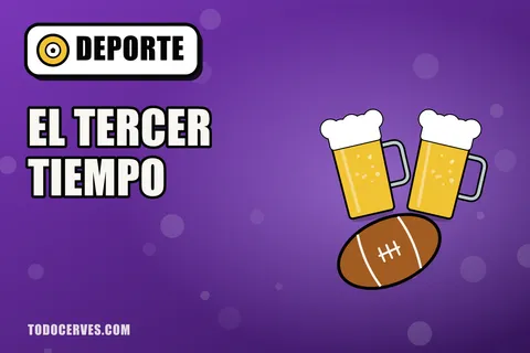 Dos jarras de cerveza brindando sobre un balón de rugby, ilustración sobre el tercer tiempo