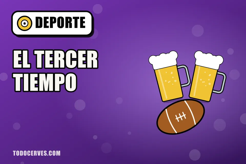 Dos jarras de cerveza brindando sobre un balón de rugby, ilustración sobre el tercer tiempo