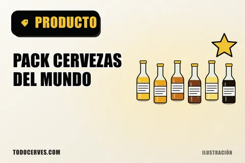 Ilustración de seis botellas de cerveza de distintos colores en fila bajo una estrella