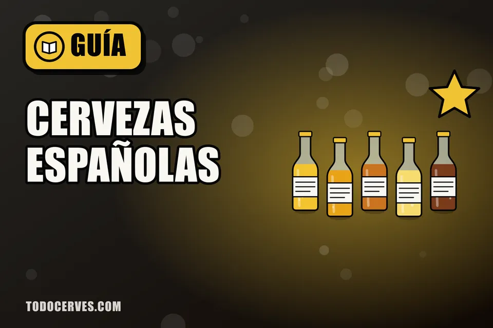 Fila de cinco botellas de cerveza de distintos tonos dorados y ámbar bajo una estrella