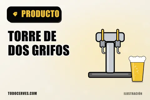 Ilustración de una torre de cerveza cromada con dos grifos y bandeja de goteo junto a un vaso