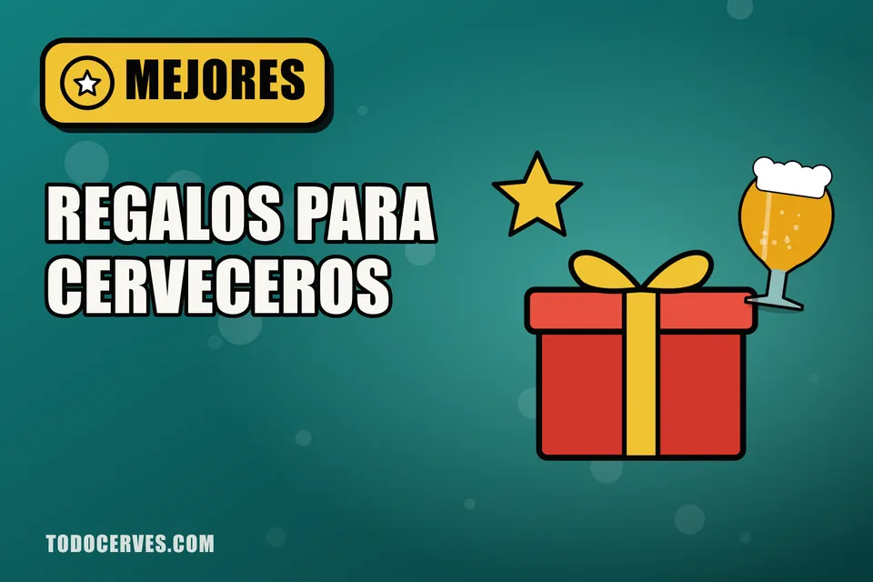 Caja de regalo roja con lazo dorado junto a una copa de cerveza y una estrella, ilustración sobre regalos para cerveceros
