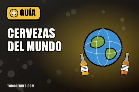 Globo terráqueo ilustrado rodeado de dos botellas de cerveza de distintos colores