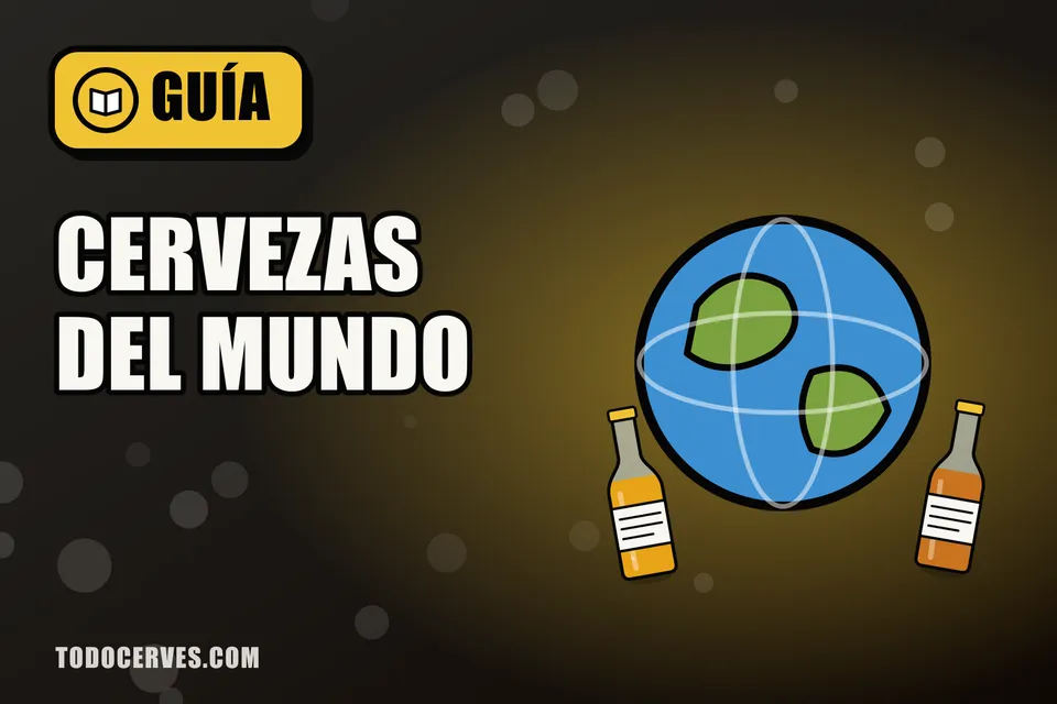 Globo terráqueo ilustrado rodeado de dos botellas de cerveza de distintos colores