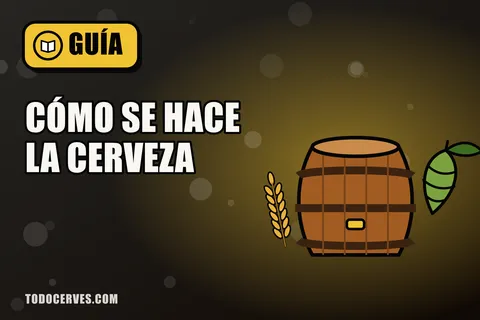 Barril de cerveza rodeado de espigas de cebada y un cono de lúpulo, ilustración del proceso de elaboración