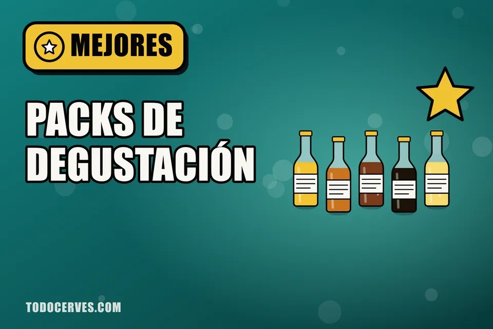 Fila de cinco botellas de cerveza de colores distintos bajo una estrella, ilustración sobre packs de degustación