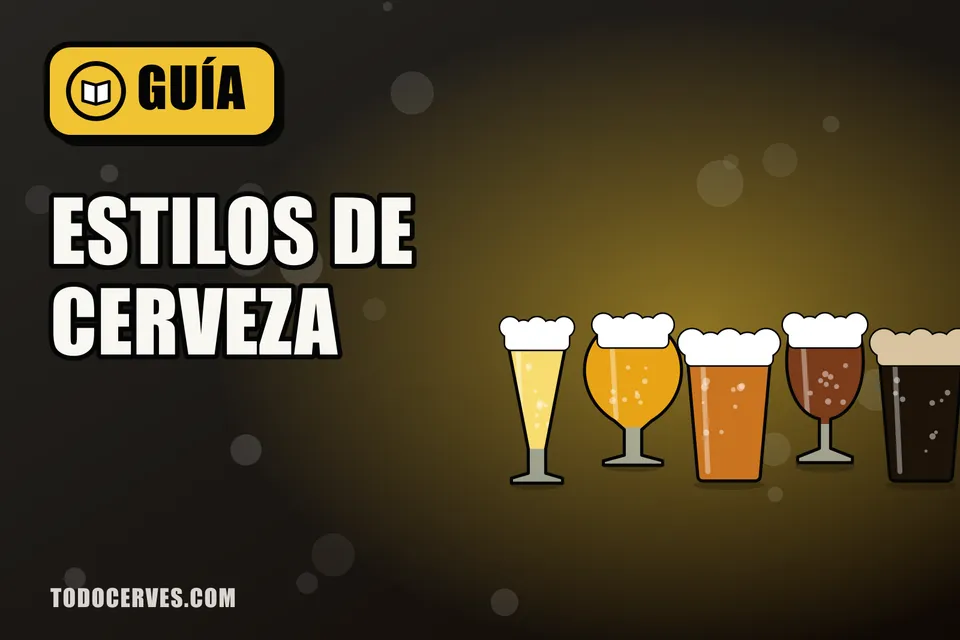 Fila de vasos de cerveza de distintos colores, desde la rubia al negro, que representan los estilos
