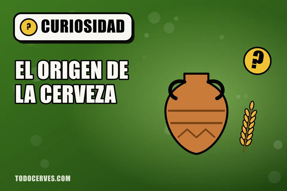 Ánfora antigua con espigas de cebada y una jarra de cerveza, ilustración sobre el origen de la cerveza