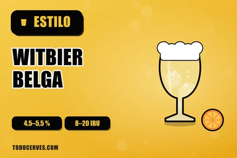Copa de witbier turbia de color amarillo pálido con una rodaja de naranja