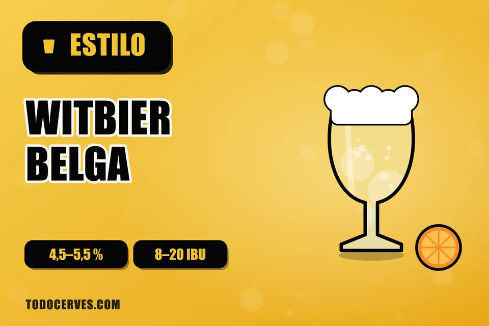 Copa de witbier turbia de color amarillo pálido con una rodaja de naranja